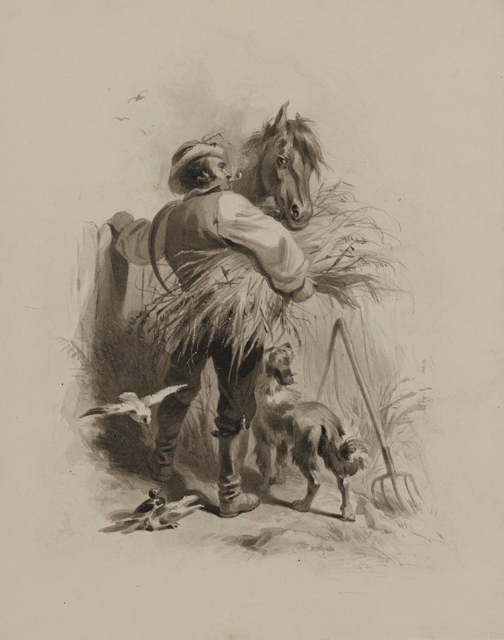 Granjero con caballo, perro y palomas de Felix Octavius Carr Darley