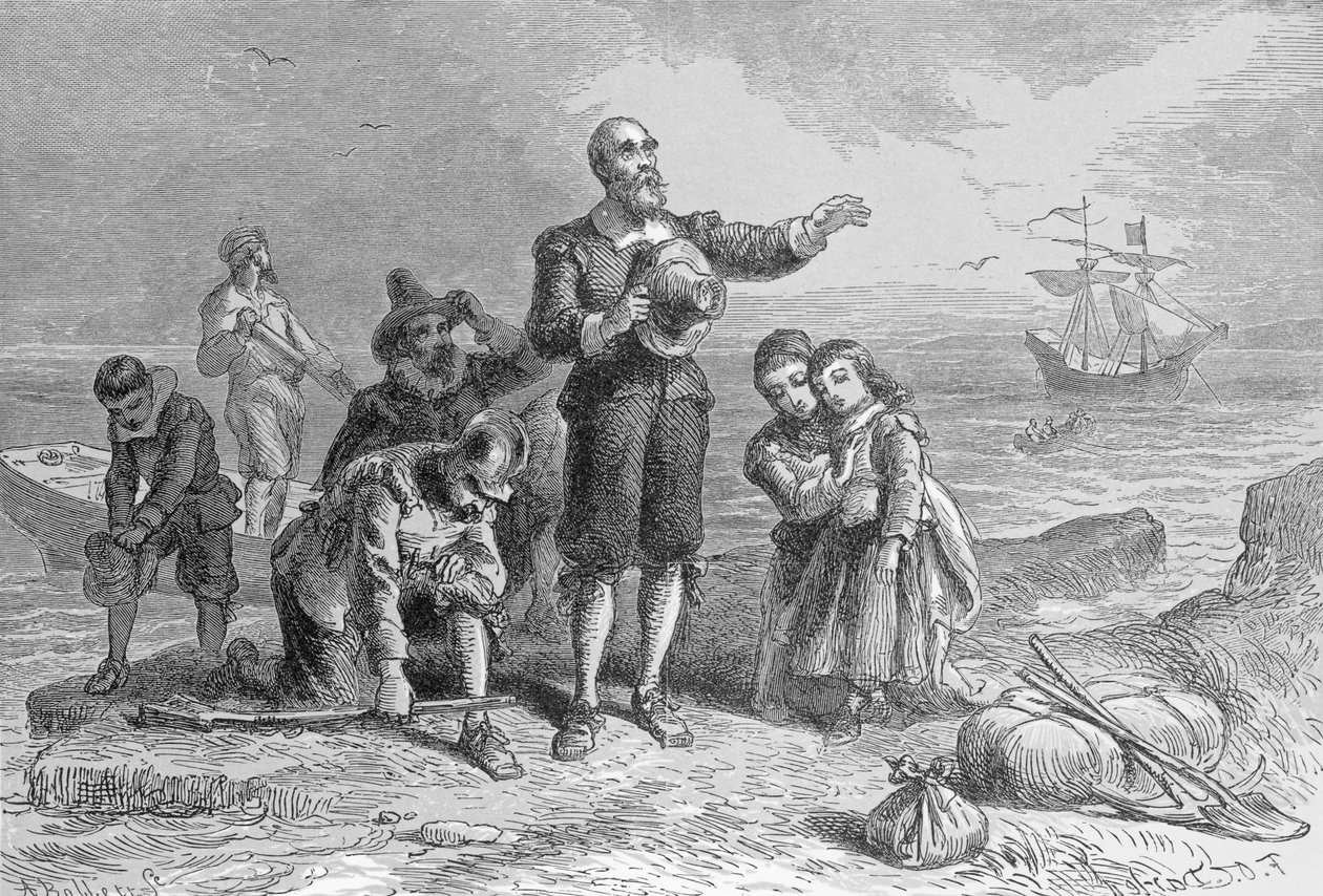 Desembarco de los Peregrinos, 1620, grabado por A. Bollett, de 