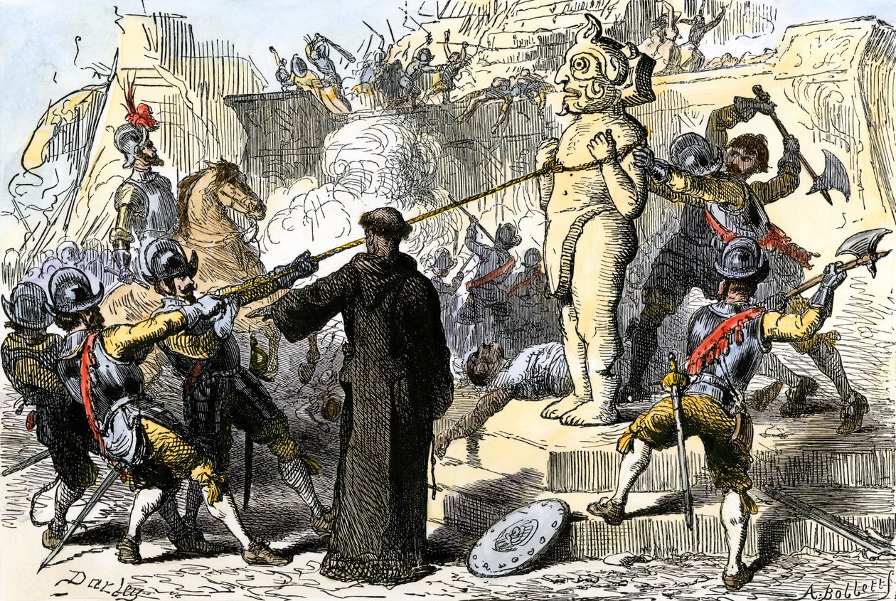 Sacerdotes españoles destruyendo los ídolos aztecas de México. Siglo XIX (grabado coloreado) de Felix Octavius Carr Darley