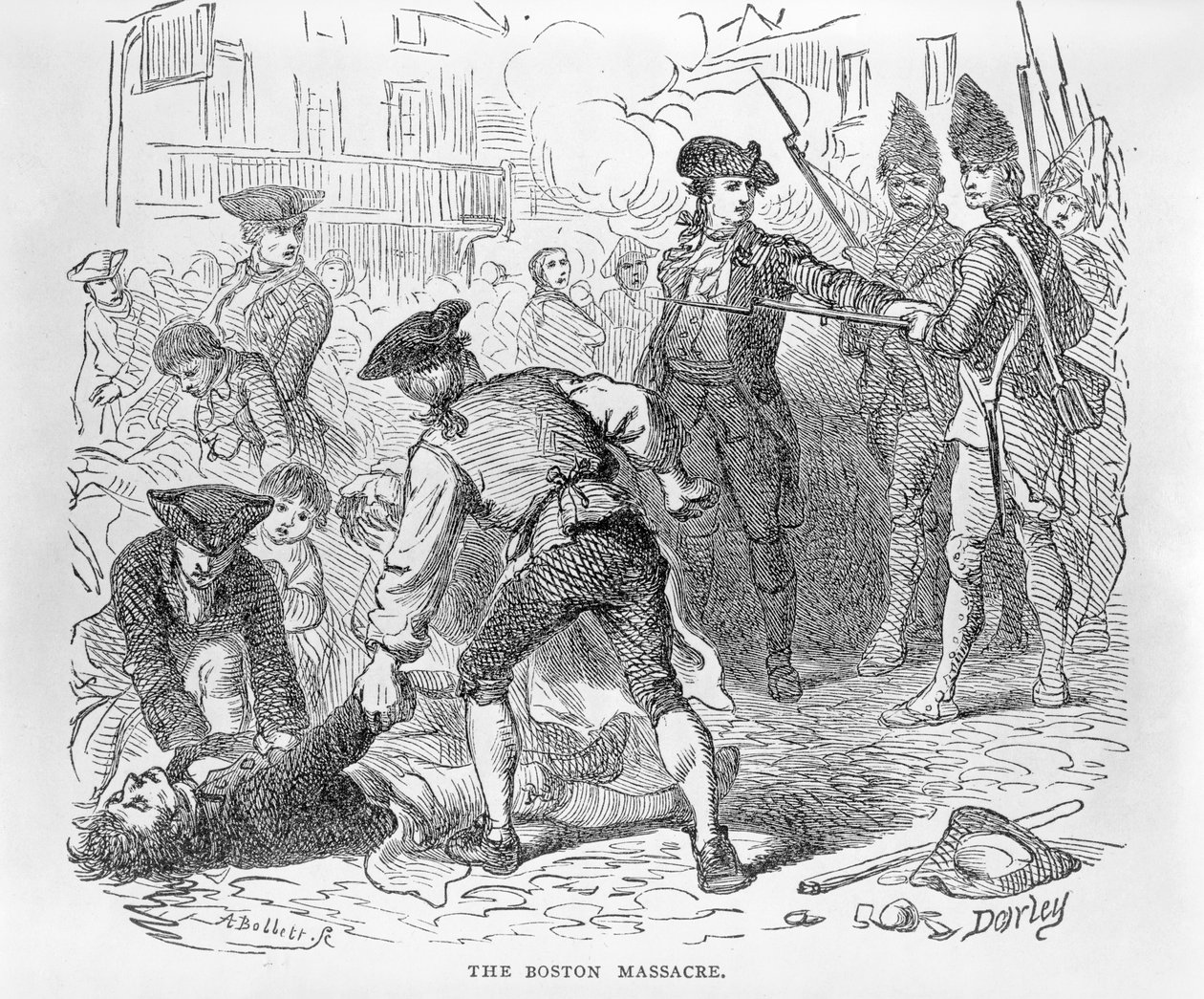 La Masacre de Boston, 5 de marzo de 1770, grabado por A. Bollett de Felix Octavius Carr Darley