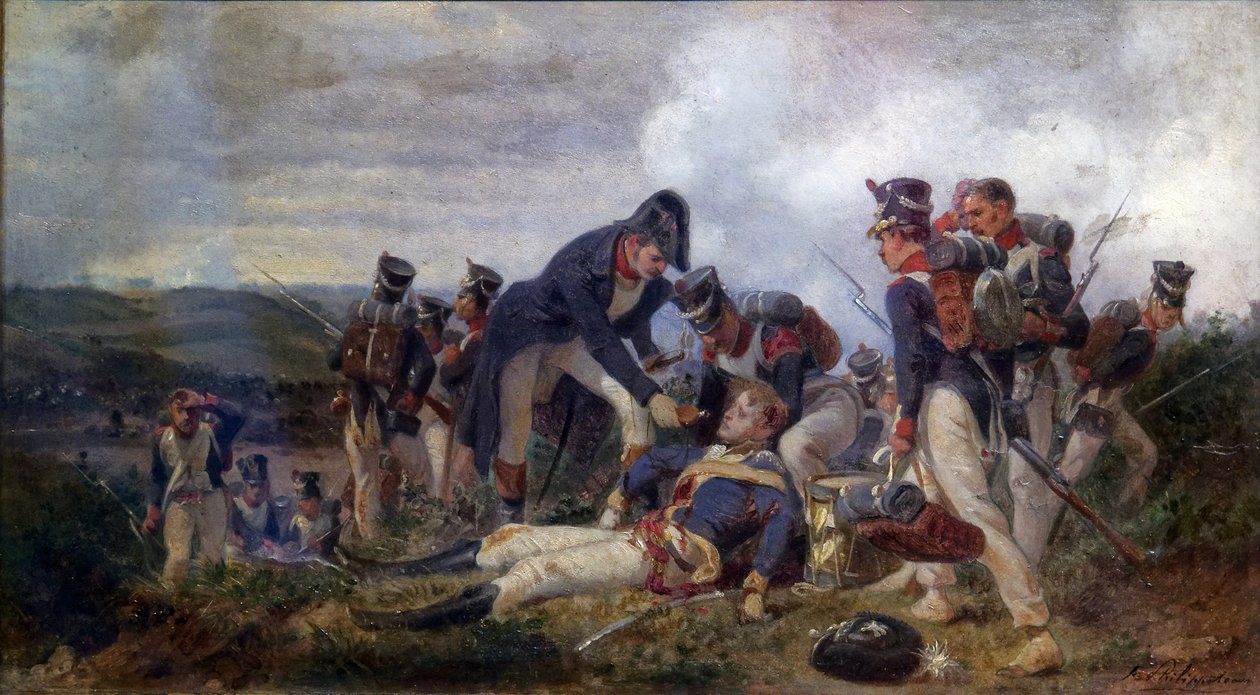 Un oficial de fusileros de infantería de línea rescatando a un teniente del 13º Regimiento de Dragones Ligeros Británicos, segunda mitad del siglo XIX de Felix Philippoteaux