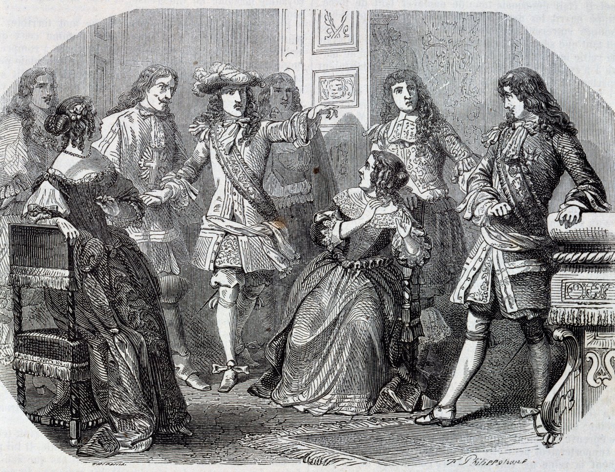 Arresto de Nicolas Fouquet, superintendente de finanzas, grabado por Henri Felix Emmanuel Philippoteaux (1815-1884) del Vizconde de Bragelonne, por Alexandre Dumas (1802-1870) de Felix Philippoteaux