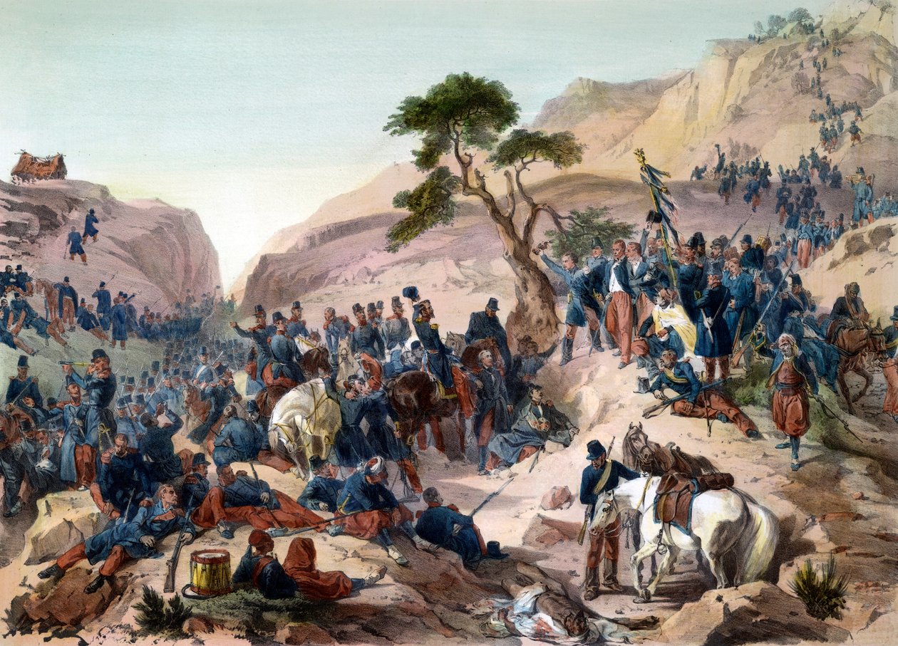 Episodio de la conquista de Argelia en 1840 - Batalla del Paso de Mouzaia (1840) - El Duque de Orleans ejerce el mando en el ejército francés - grabado por Philippoteaux de Felix Philippoteaux
