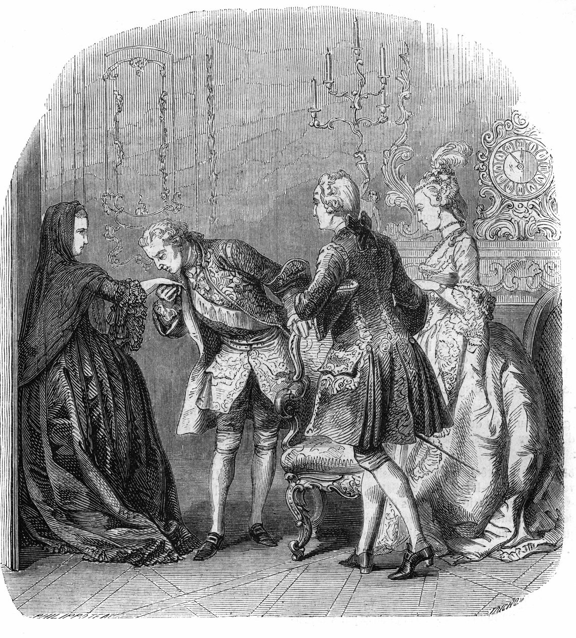 Luis XV (1710-1774) besa la mano de la Princesa de Lamballe (Marie Thérèse Louise de Savoie-Carignan o Savoie Carignan) (1749-1792), en presencia del Marqués de Richelieu y Melle Lange (futura Condesa de Barry (Madame du Barry) nacida Jeanne Be de Felix Philippoteaux
