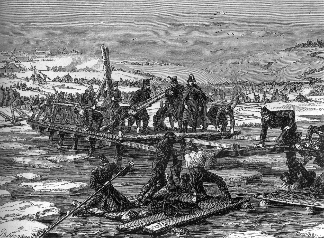 Pontoniers del ejército napoleónico cruzando el Berezina de Felix Philippoteaux