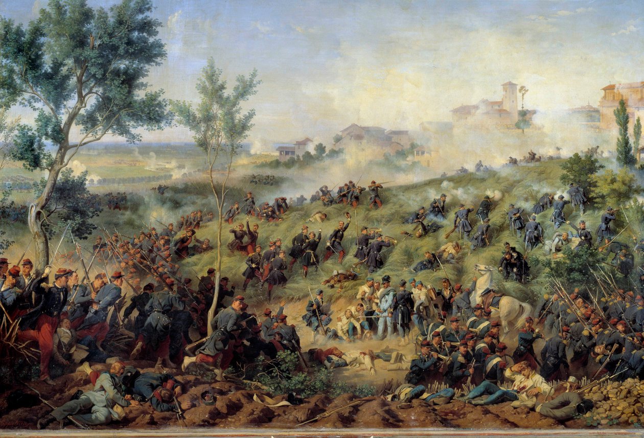 Vista de la Batalla de Montebello di Casteggio, 20/05/1859. Francia vence al ejército austríaco. Pintura de Henri-Felix-Emmanuel Philippoteaux (1815-1884) 1862. París, Museo del Ejército de Felix Philippoteaux