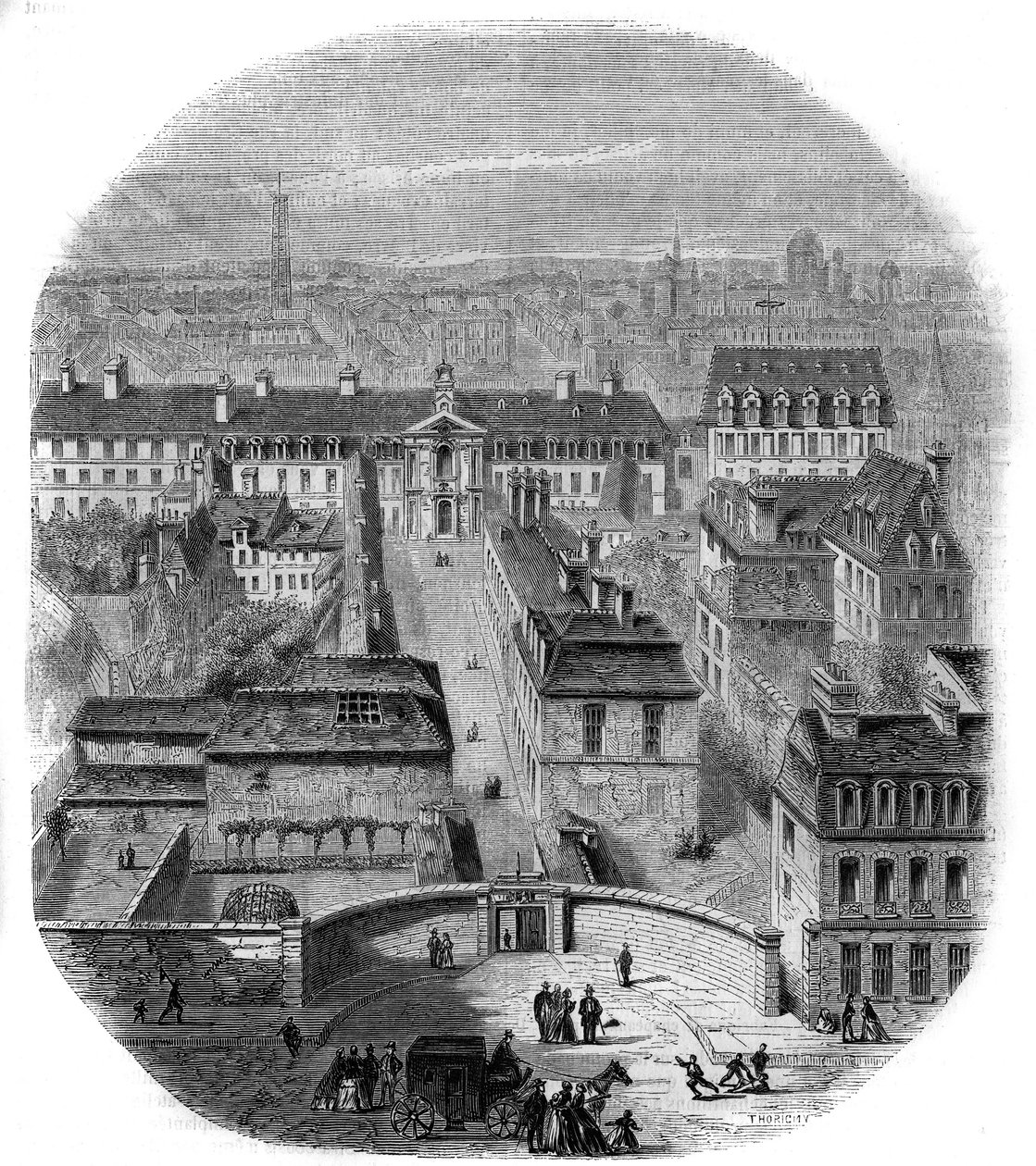 Vista de la fábrica de tapices de los Gobelinos en París, con el convento de los Capuchinos, el Observatorio y el castillo de la Reina Blanca. Grabado por Thorigny de Felix Thorigny
