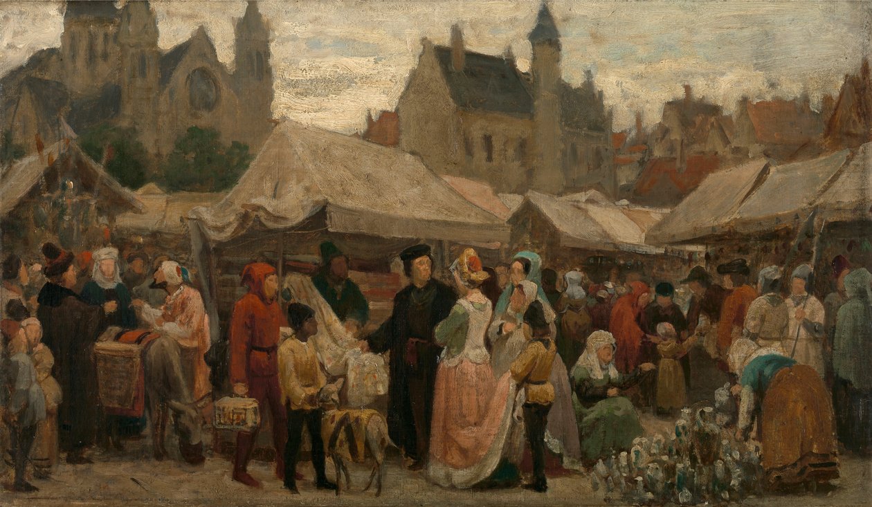 Una feria en Gante en la Edad Media, estudio, c.1862 (óleo sobre lienzo) de Felix de Vigne
