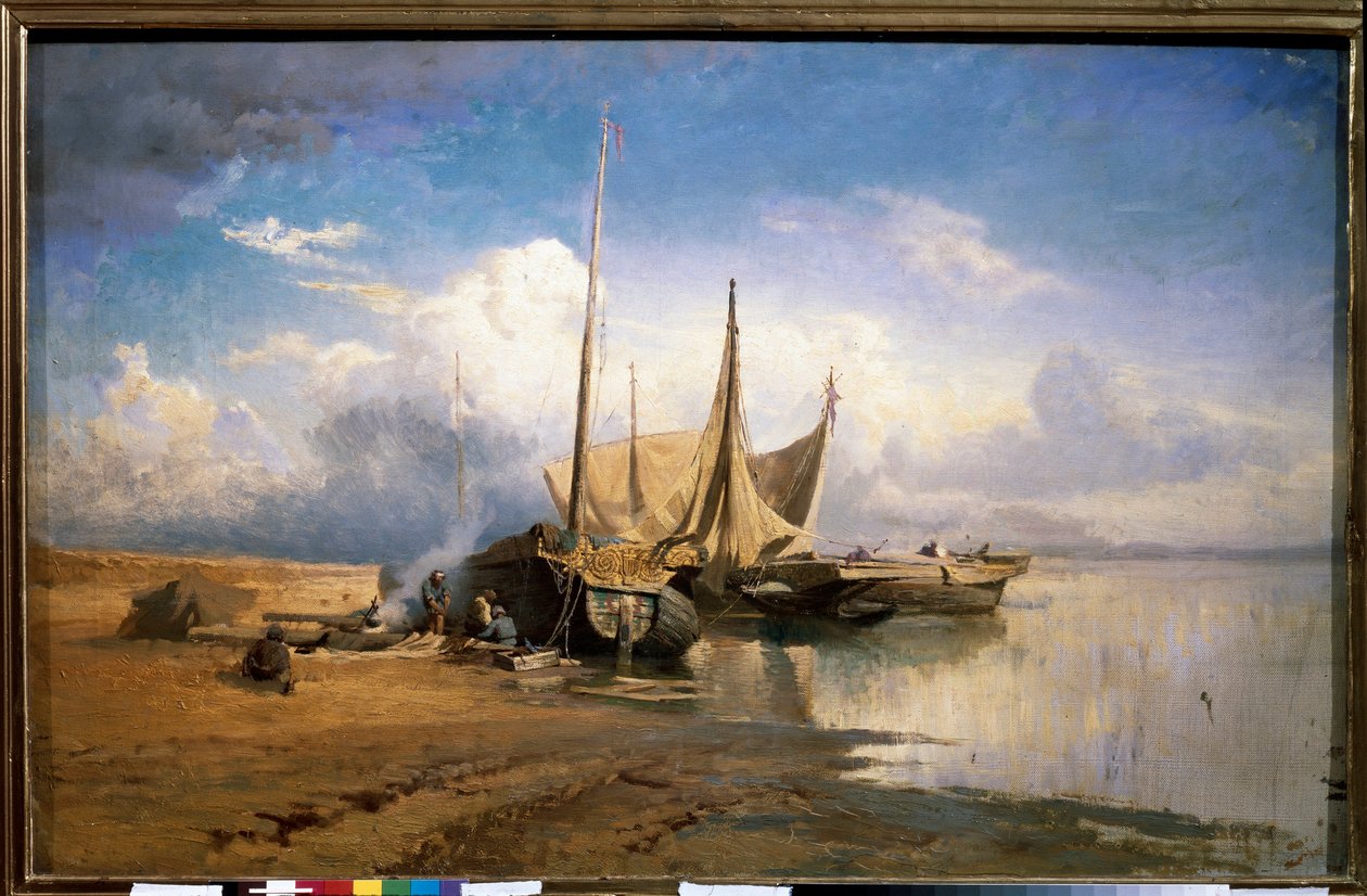 Vista del Volga, Barcos (Vista del Volga, Barcos) - Pintura de Fyodor Alexandrovich Vasilyev (Feodor Alexandrovich, Fiodor Alexandrovitch Vasiliev) (1850-1873), óleo sobre lienzo de Feodor Alexandrovich Vassiliev