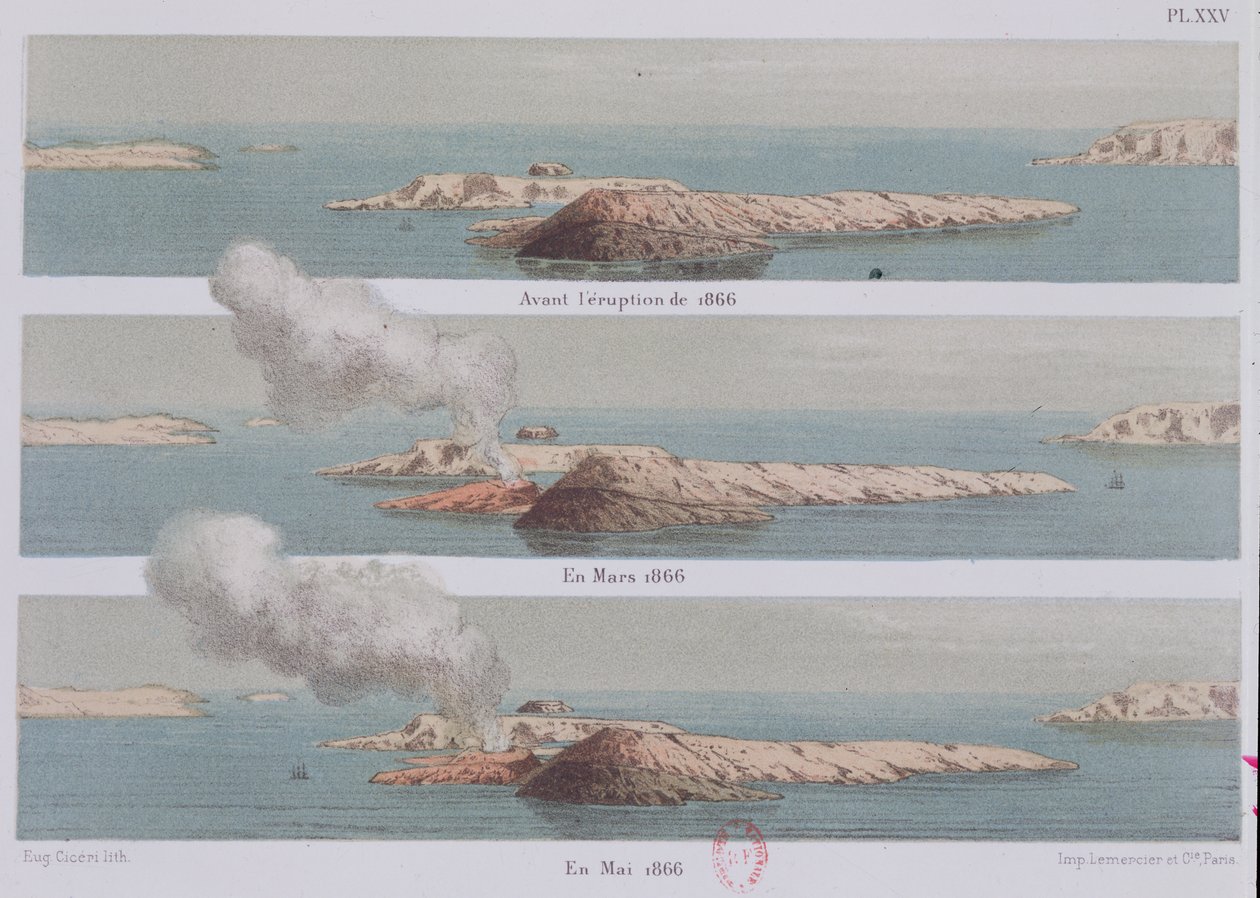 La erupción del volcán Georgios, ilustración de Santorini y Sus Erupciones por el artista, grabado por Eugene Ciceri, 1879 de Ferdinand Fouque