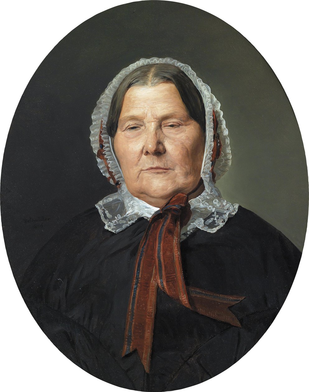 Anciana con vestido negro y gorro blanco con cintas rojas de Ferdinand Georg Waldmuller