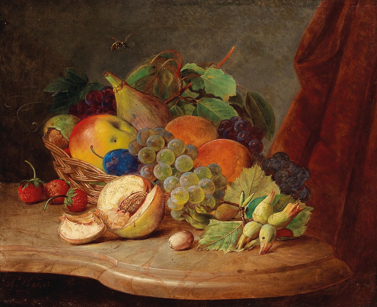 Naturaleza muerta con cesta de frutas y abeja de Ferdinand Kuss