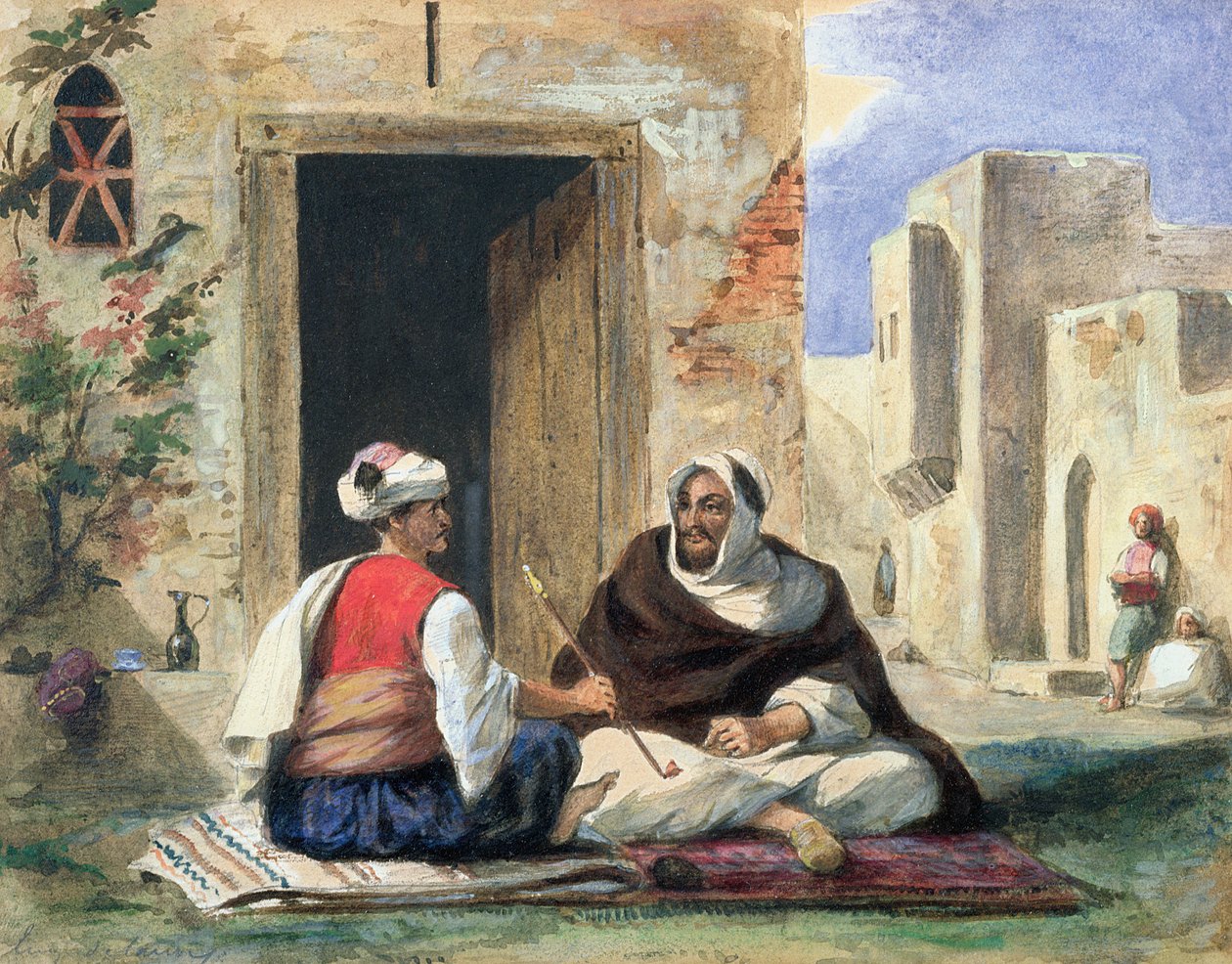 Hombres árabes fumando frente a una casa de Ferdinand Victor Eugene Delacroix