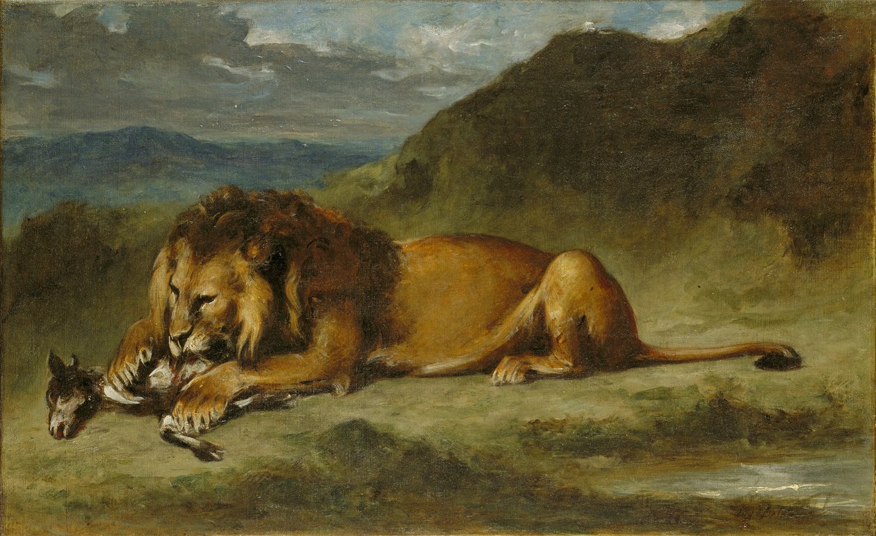 León devorando una cabra | Impresión de arte