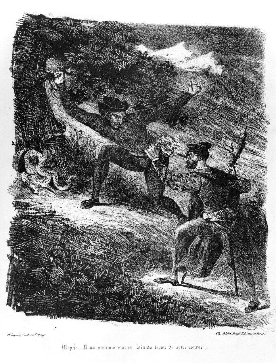 Mefistófeles y Fausto en su camino al Sabbath por la Noche, Ilustración para Fausto de Goethe, 1828 de Ferdinand Victor Eugene Delacroix