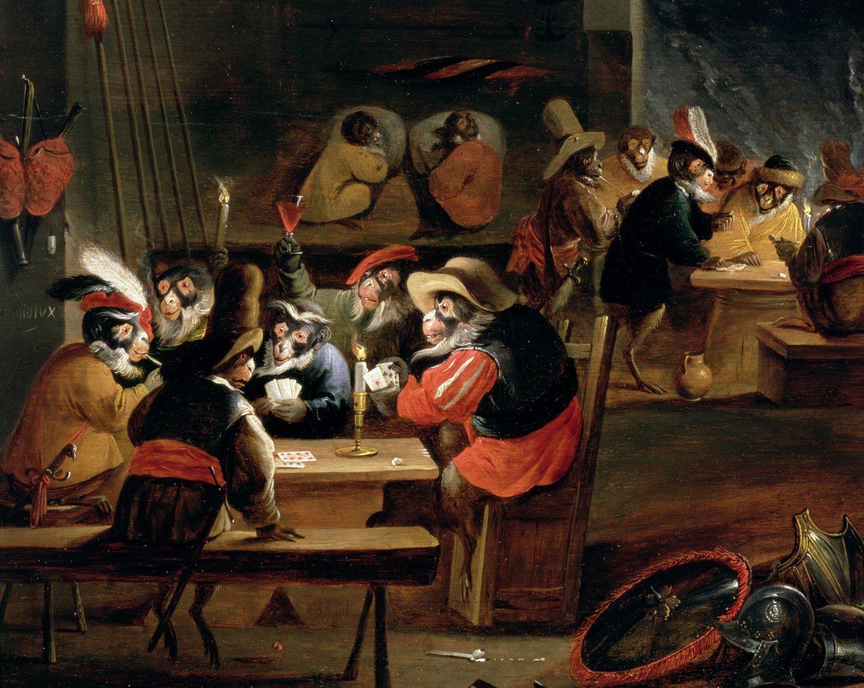 Monos en una taberna, detalle del juego de cartas (detalle) de Ferdinand van Kessel