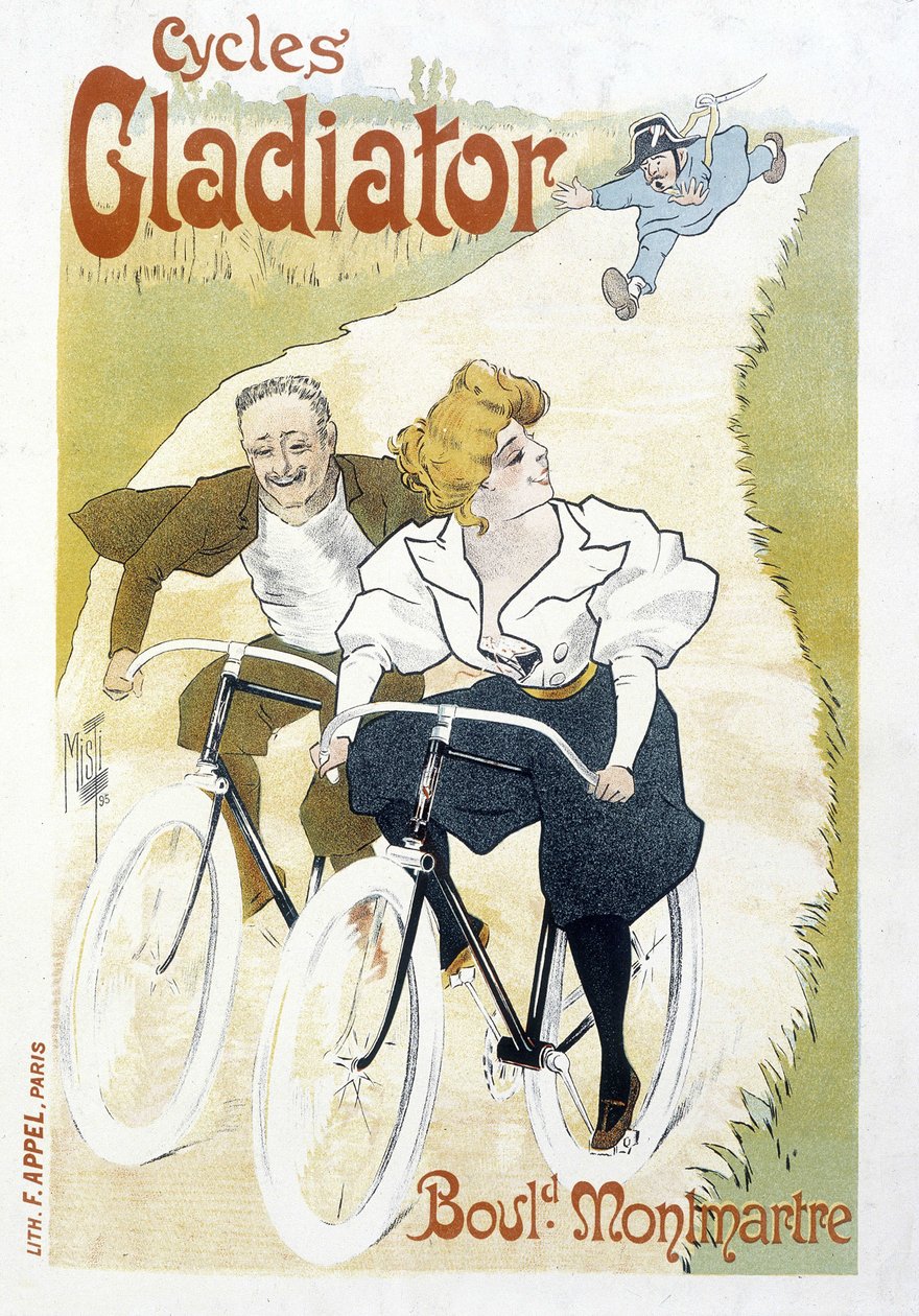Pareja en bicicleta perseguida por un agente - Publicidad para Ciclos Gladiator, por Misti, c.1895 de Ferdinand  Misti Mifliez