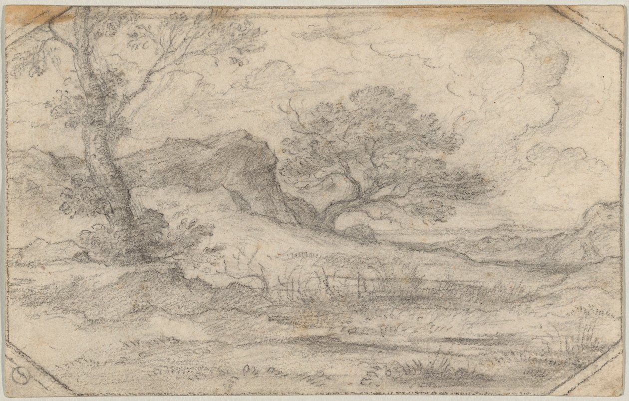 Paisaje ideal con dos árboles y un macizo rocoso. de Ferdinand (Johann Heinrich Ferdinand) von Olivier