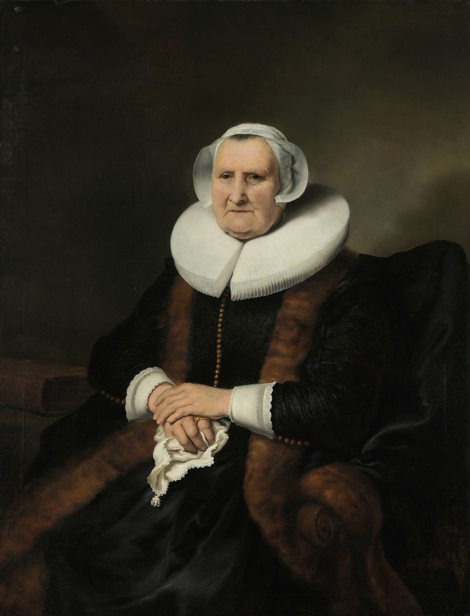 Retrato de una anciana, posiblemente Elisabeth Bas
Retrato de una anciana, posiblemente Elisabeth Jacobsdr Bas (1571-1649), viuda de Jochem Hendricksz Swartenhont de Ferdinand Bol (attributed to)