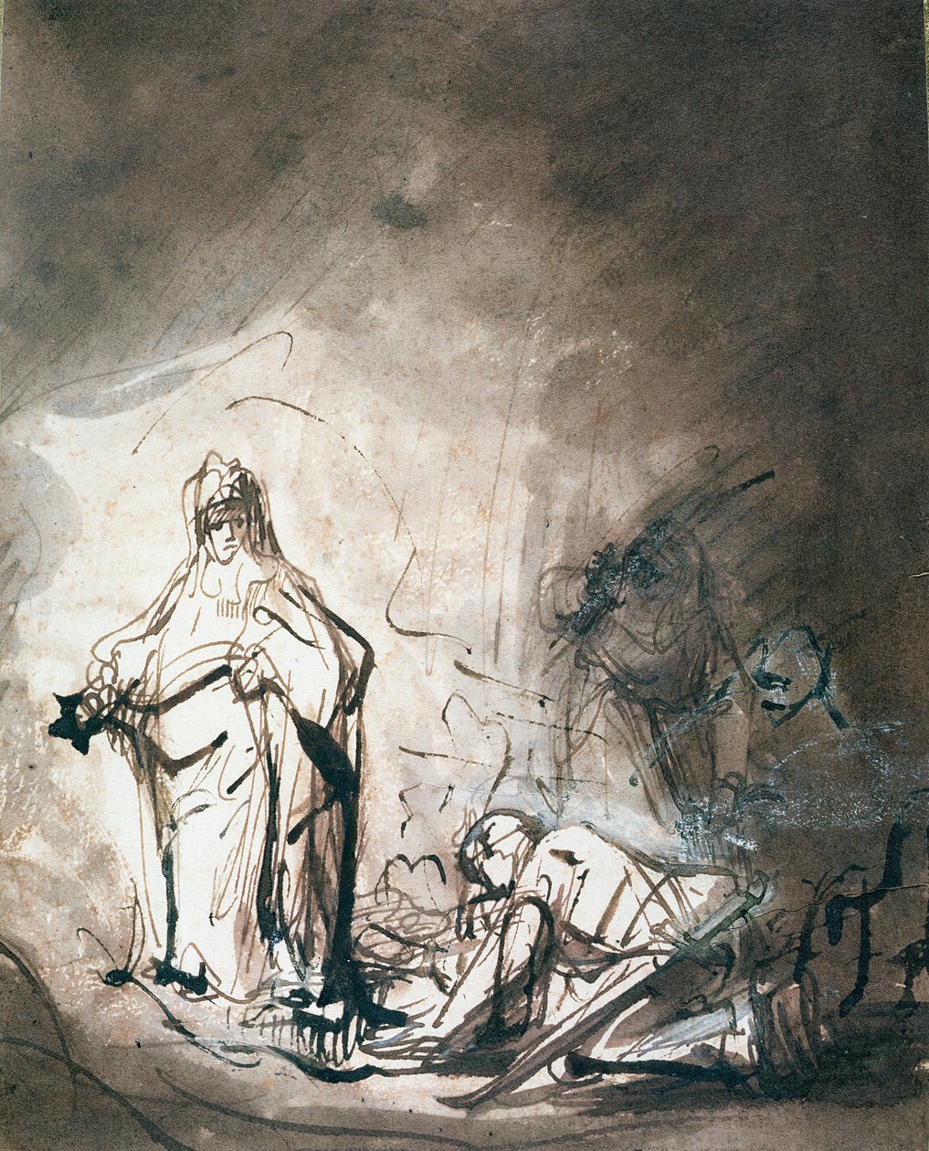 Saúl y la bruja de Endor (aguada de pluma y tinta sobre papel) de Ferdinand Bol