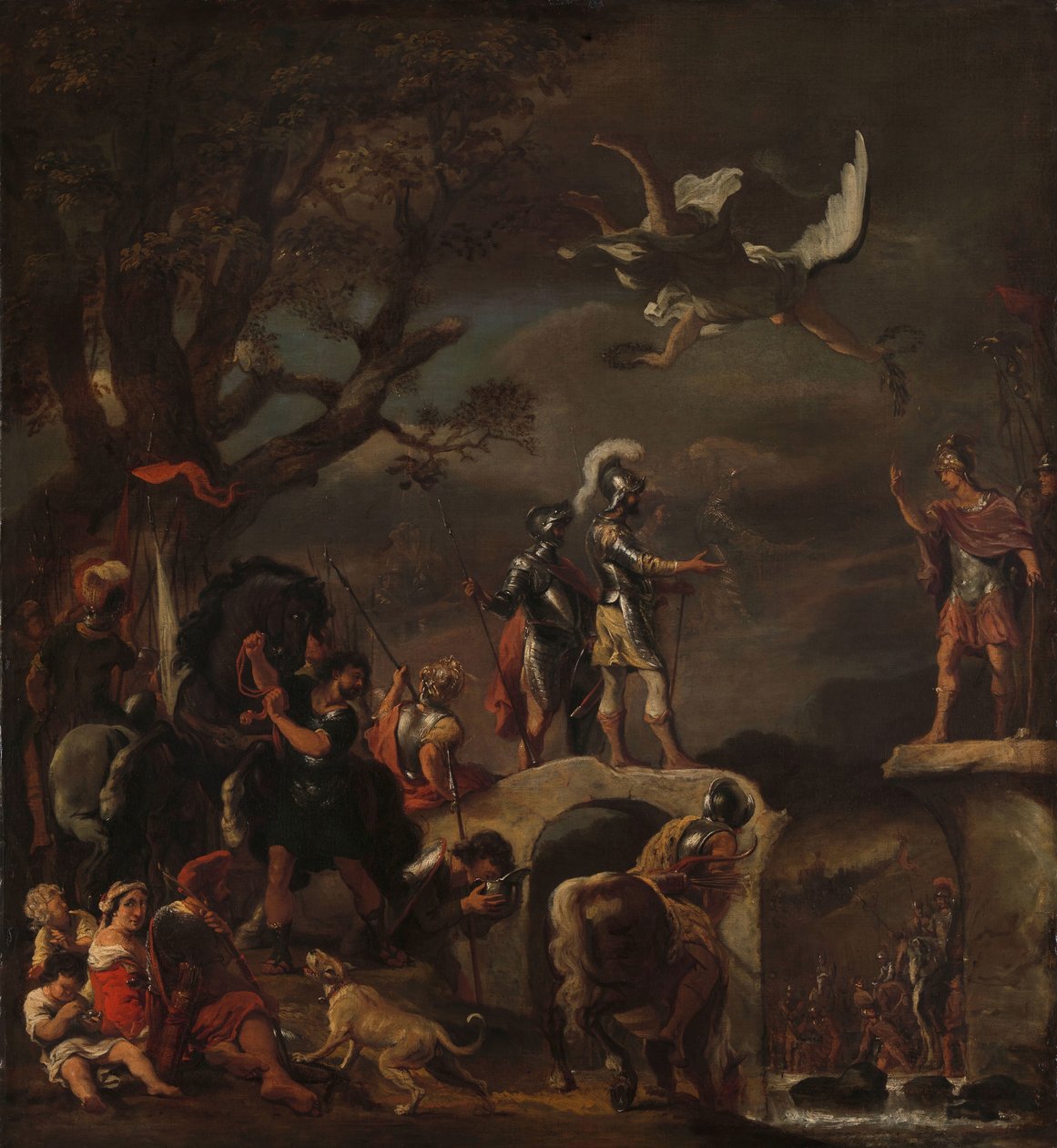 Las negociaciones de paz entre Claudius Civilis y Quintus Petillius Cerealis en el puente derribado. de Ferdinand Bol