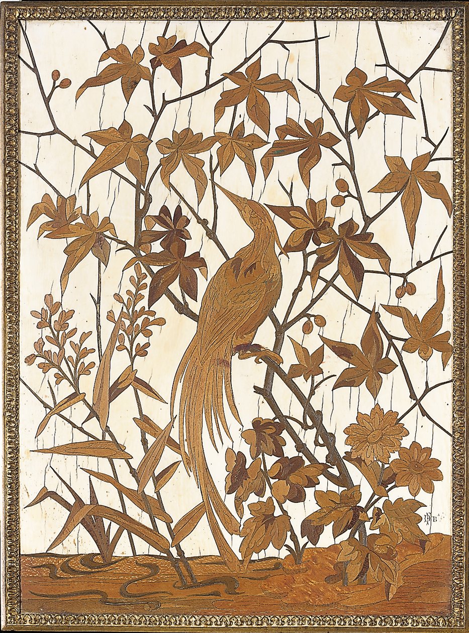 Panel incrustado con un pájaro exótico entre follaje en un pantano, Maison Grioux de Ferdinand Duvinage