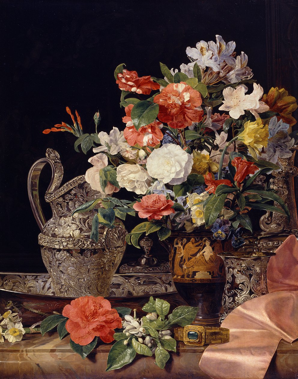 Ramo de flores con recipientes de plata y un jarrón antiguo de Ferdinand Georg Waldmüller
