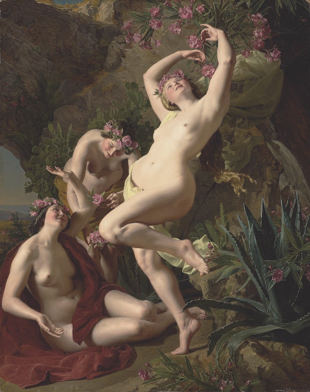 Alemán: Die drei Nymphen des Homer Three graces garlanded with roses de Ferdinand Georg Waldmuller
