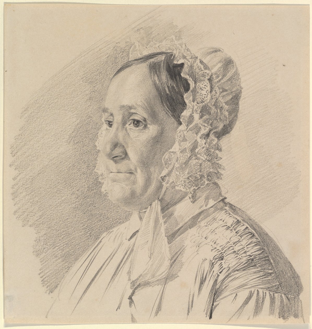 Retrato de una mujer con una cofia de encaje, de perfil de tres cuartos hacia la izquierda de Ferdinand Georg Waldmüller