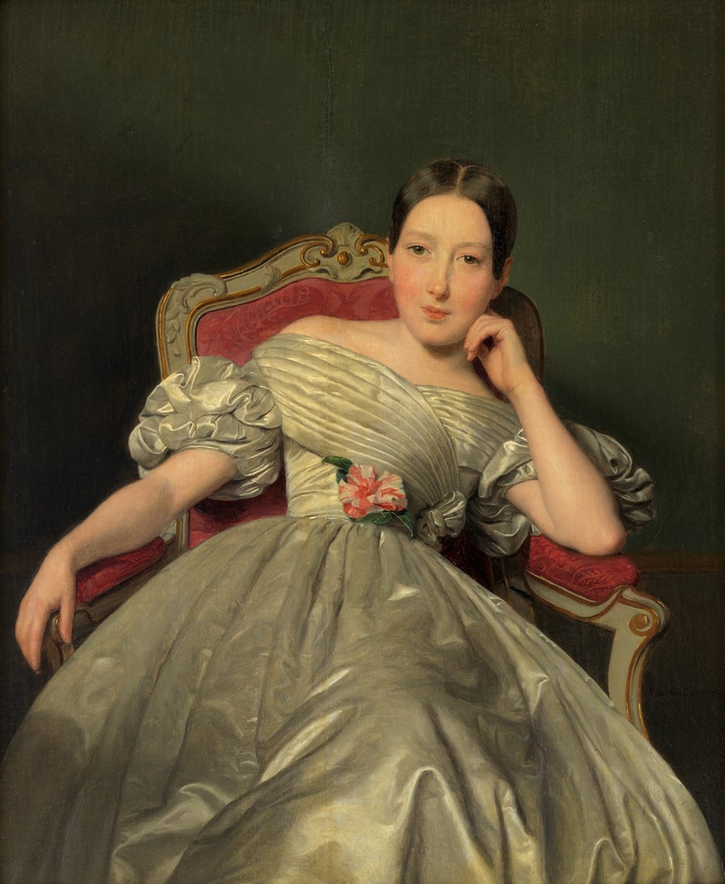 Niña sentada con un vestido blanco de satén de Ferdinand Georg Waldmüller