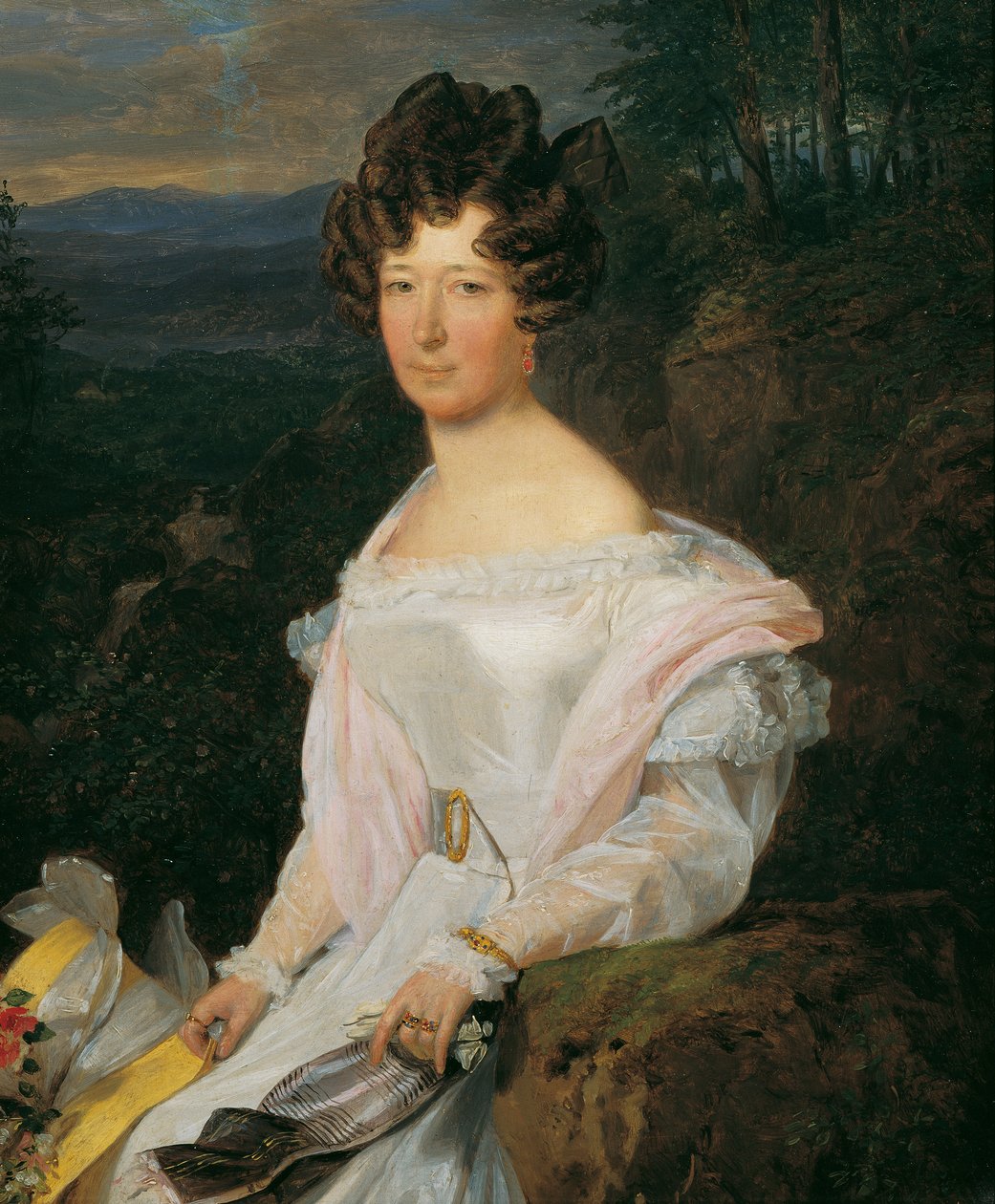 Dama con un vestido blanco frente a un paisaje en los bosques de Viena de Ferdinand Georg Waldmuller