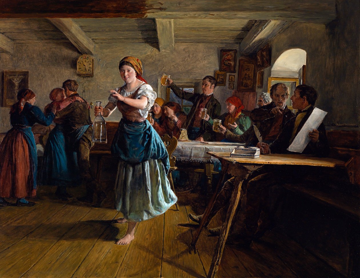 El Baile de Apertura. Escena en un café, la camarera, feliz y descalza, perfila un paso de baile con una jarra vacía en la mano. A su alrededor, los clientes chocan sus vasos alzando sus jarras de cerveza, a la salud de una pareja que de Ferdinand Georg Waldmuller