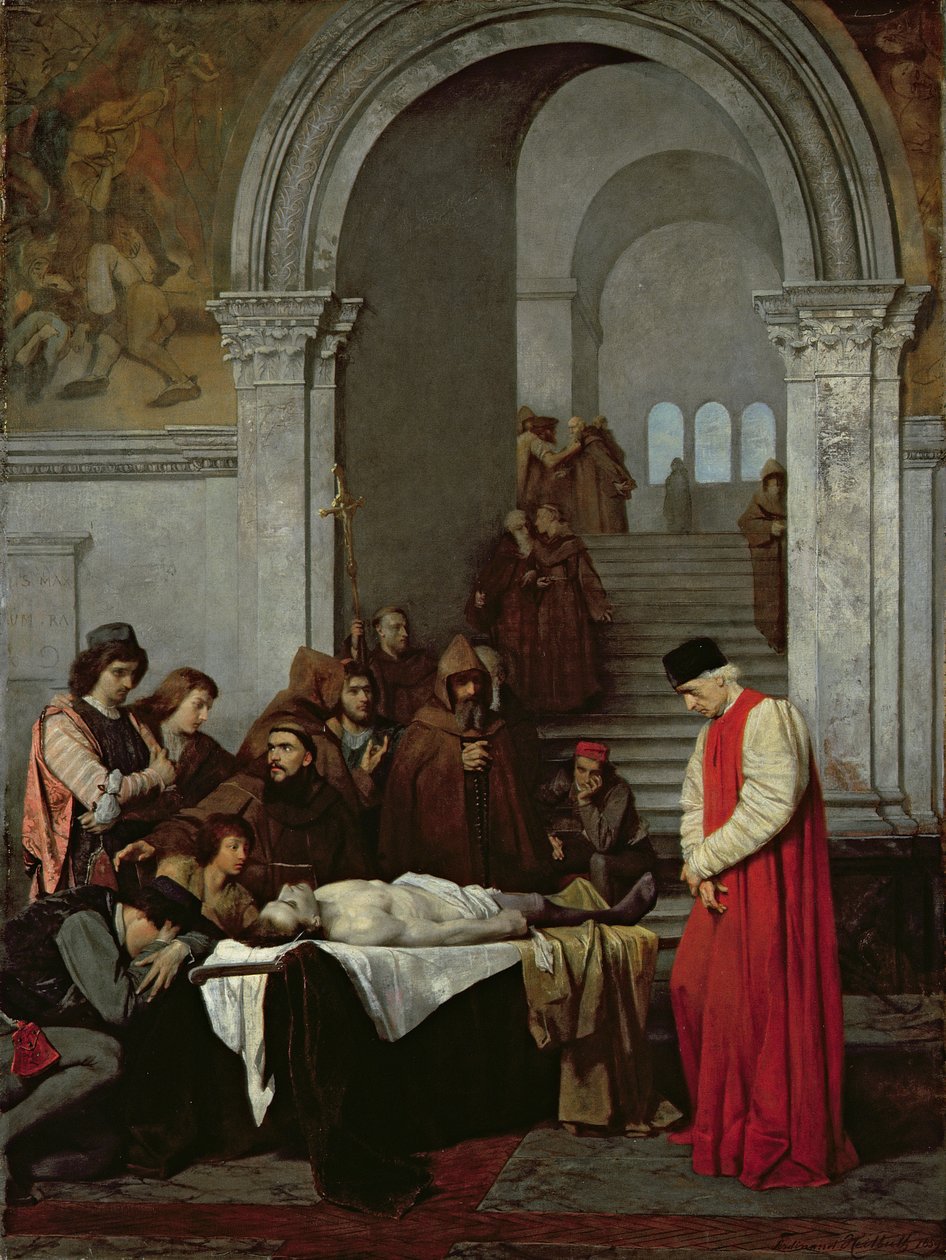 El pintor Luca Signorelli junto al cuerpo del hijo muerto de su rival, 1859 de Ferdinand Heilbuth
