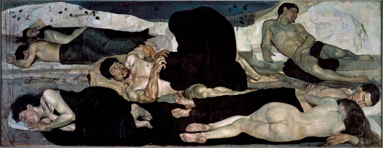 De noche Grupo de durmientes desnudos, uno de ellos en medio de una pesadilla de Ferdinand Hodler
