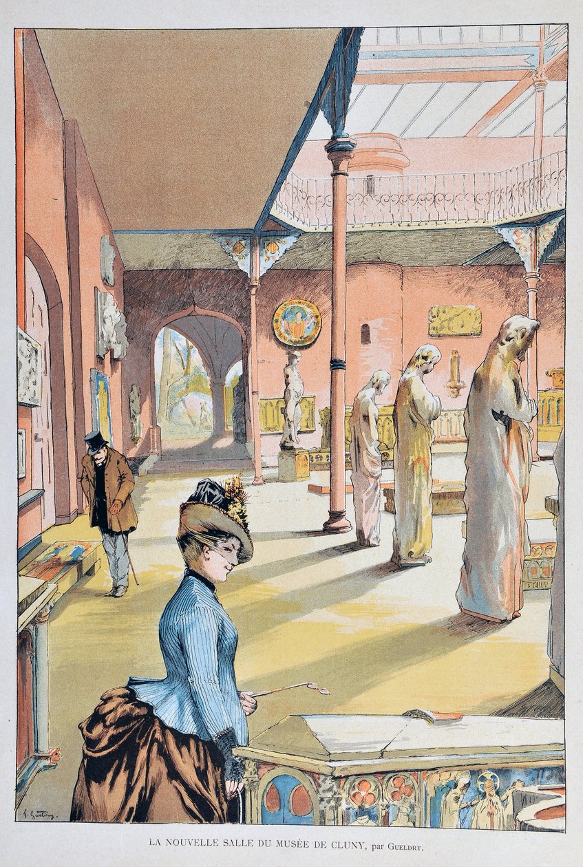 La nueva sala del museo de la Edad Media de Cluny en París 1887, por Ferdinand Joseph GUELDRY (1858-1945). Grabado de 1887 en “Paris-Illustrous journal weekly” de Ferdinand Joseph Gueldry