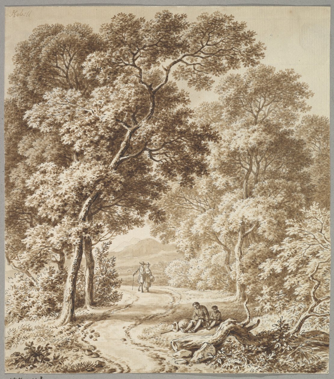 Un camino bordeado de árboles con dos mendigos y una pareja paseando de Ferdinand Kobell