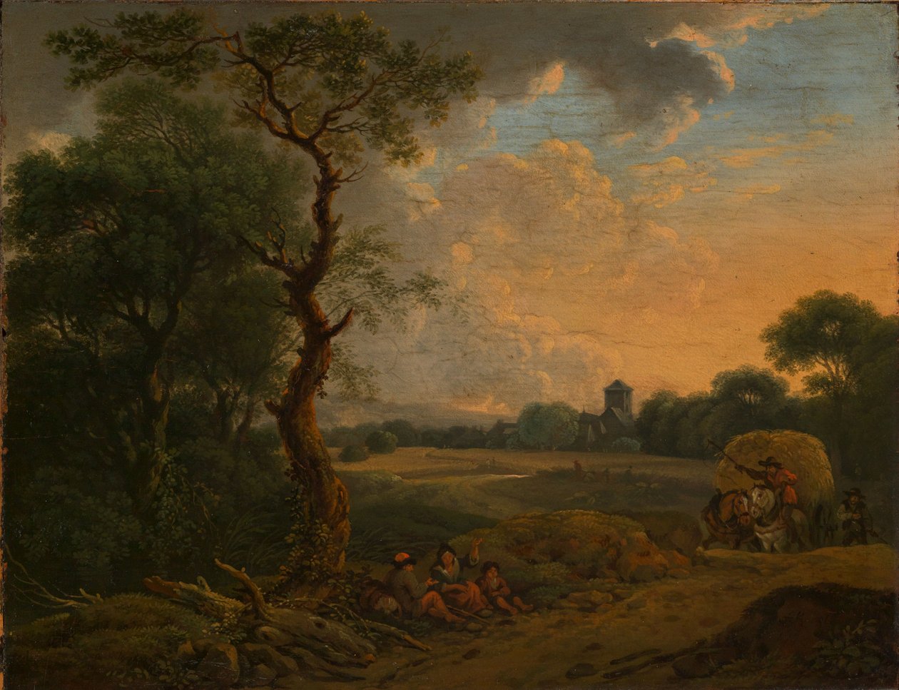 Paisaje vespertino con carro de heno de Ferdinand Kobell