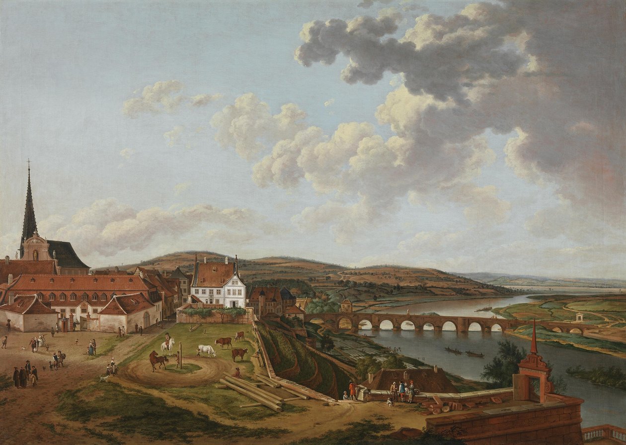 Vista desde el castillo de Aschaffenburg de las caballerizas y del puente sobre el Meno (Ciclo de Aschaffenburg) de Ferdinand Kobell