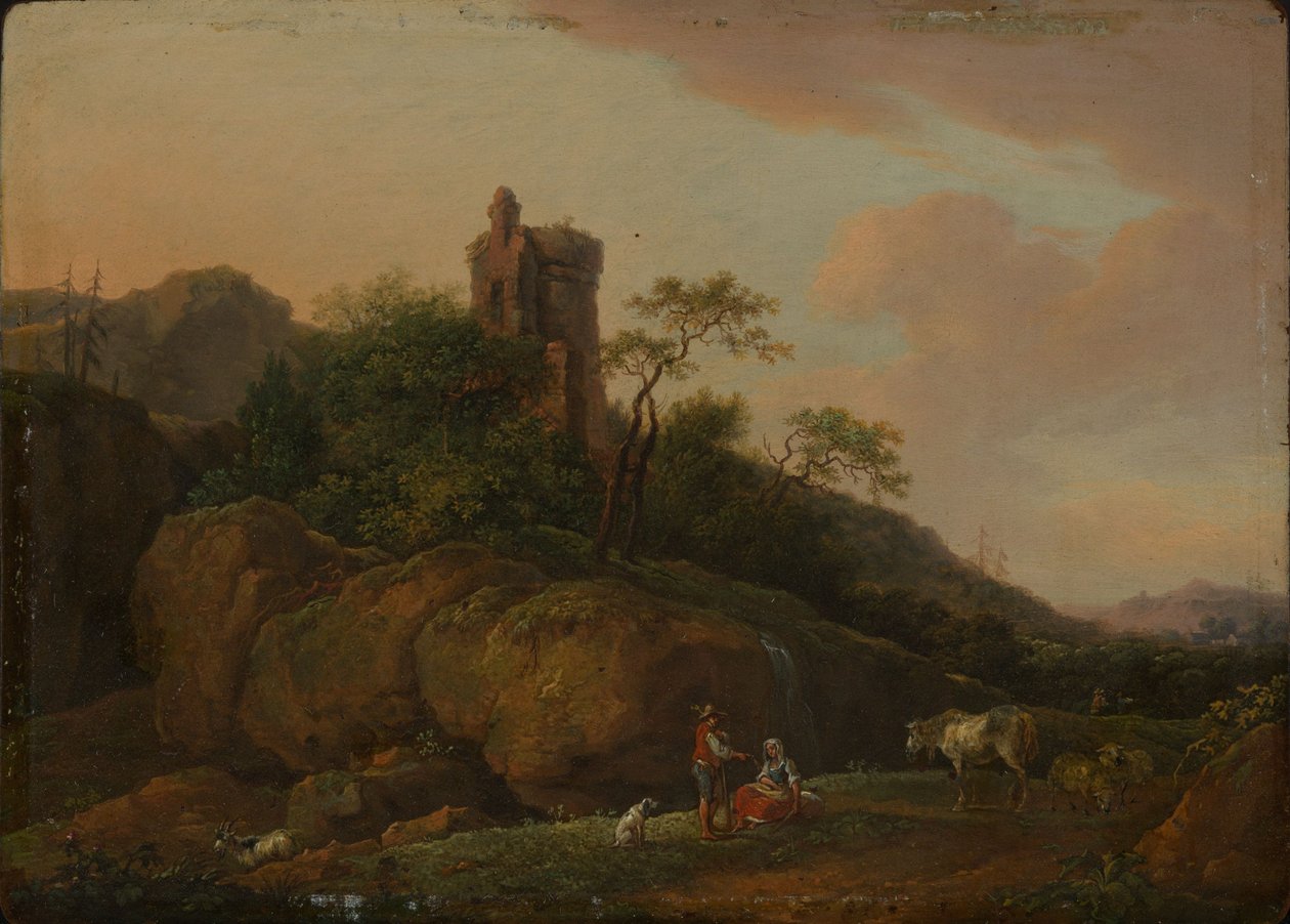 Ruinas de castillo con pastores y rebaño de Ferdinand Kobell