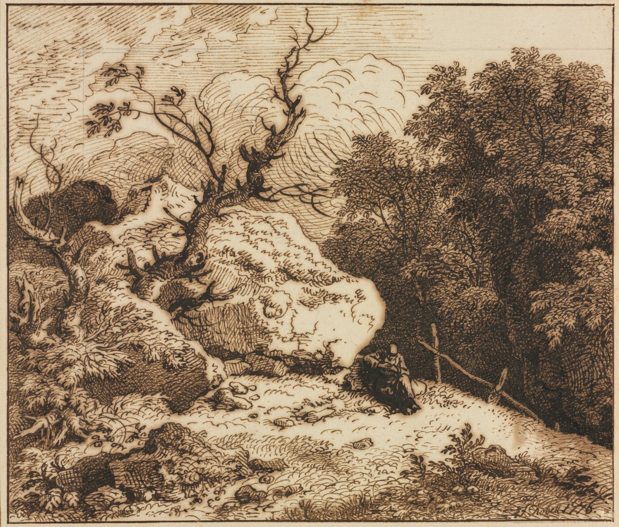 Ermitaño en un paisaje boscoso, 1776 de Ferdinand Kobell
