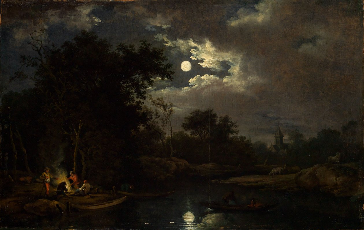 Paisaje a la luz de la luna con pescadores junto a una fogata de Ferdinand Kobell