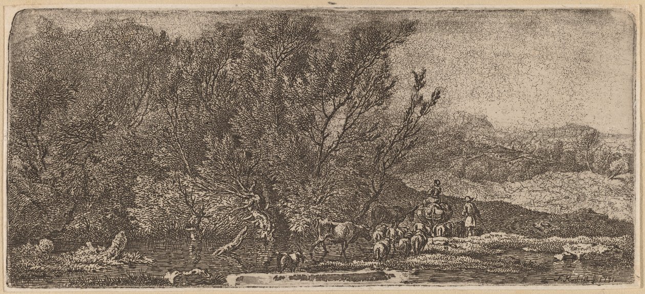 Pastores con su rebaño cruzando un arroyo de Ferdinand Kobell