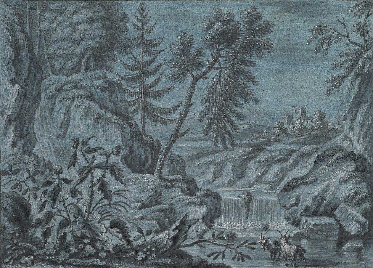 Paisaje sureño con una cascada y cabras de Ferdinand Kobell.
