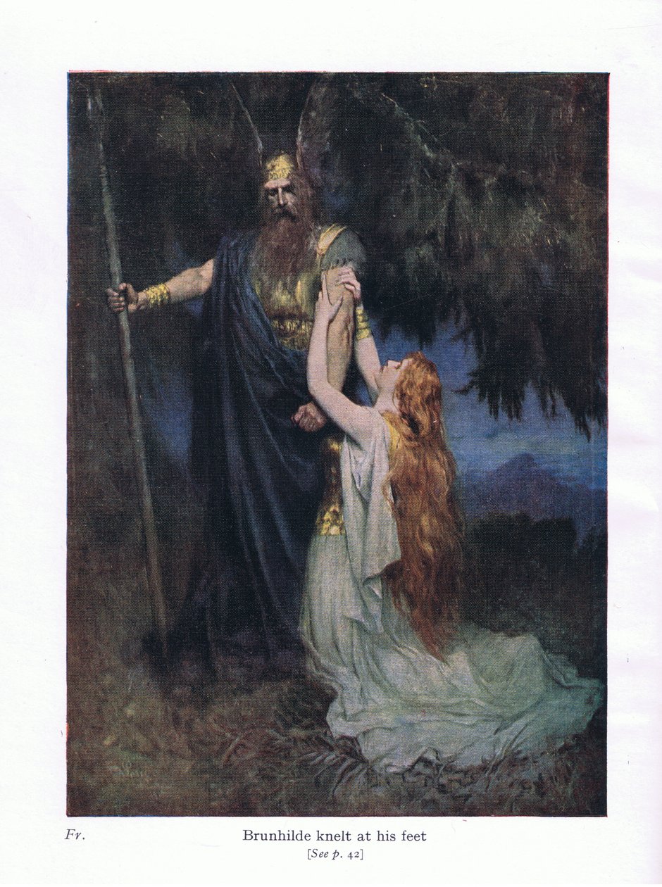Brunilda se arrodilló a sus pies, ilustración de Las historias de las óperas de Wagner, pub. por George Harrap & Co Ltd 1932 de Ferdinand Lecke