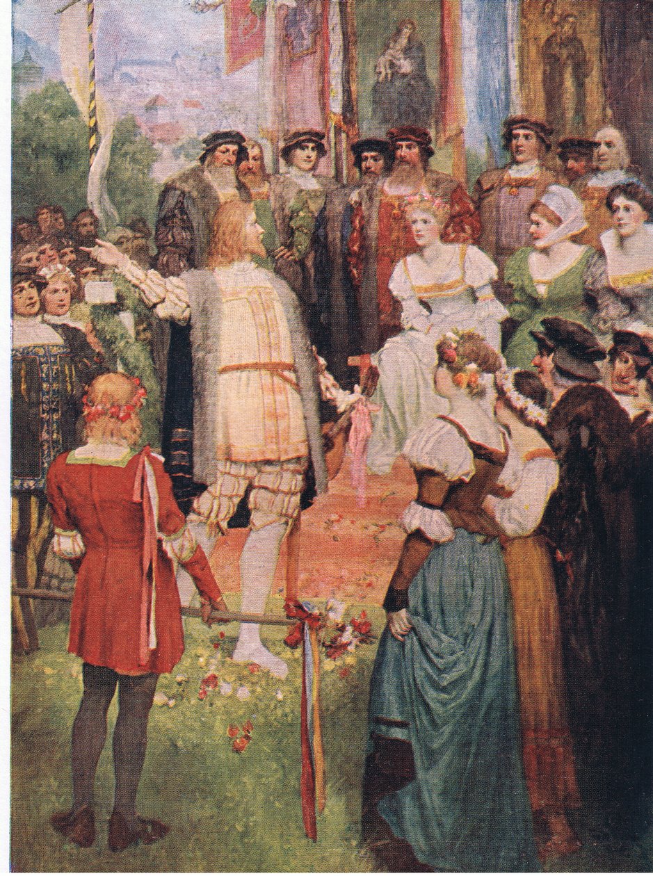 Walter comenzó su canción, ilustración de Las historias de las óperas de Wagner, publicada por George Harrap & Co Ltd 1932 de Ferdinand Lecke