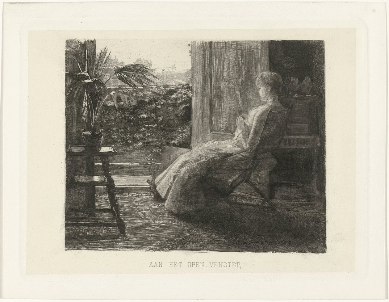Mujer joven, bordando, junto a la ventana abierta En la ventana abierta (título en el objeto) de Ferdinand Oldewelt