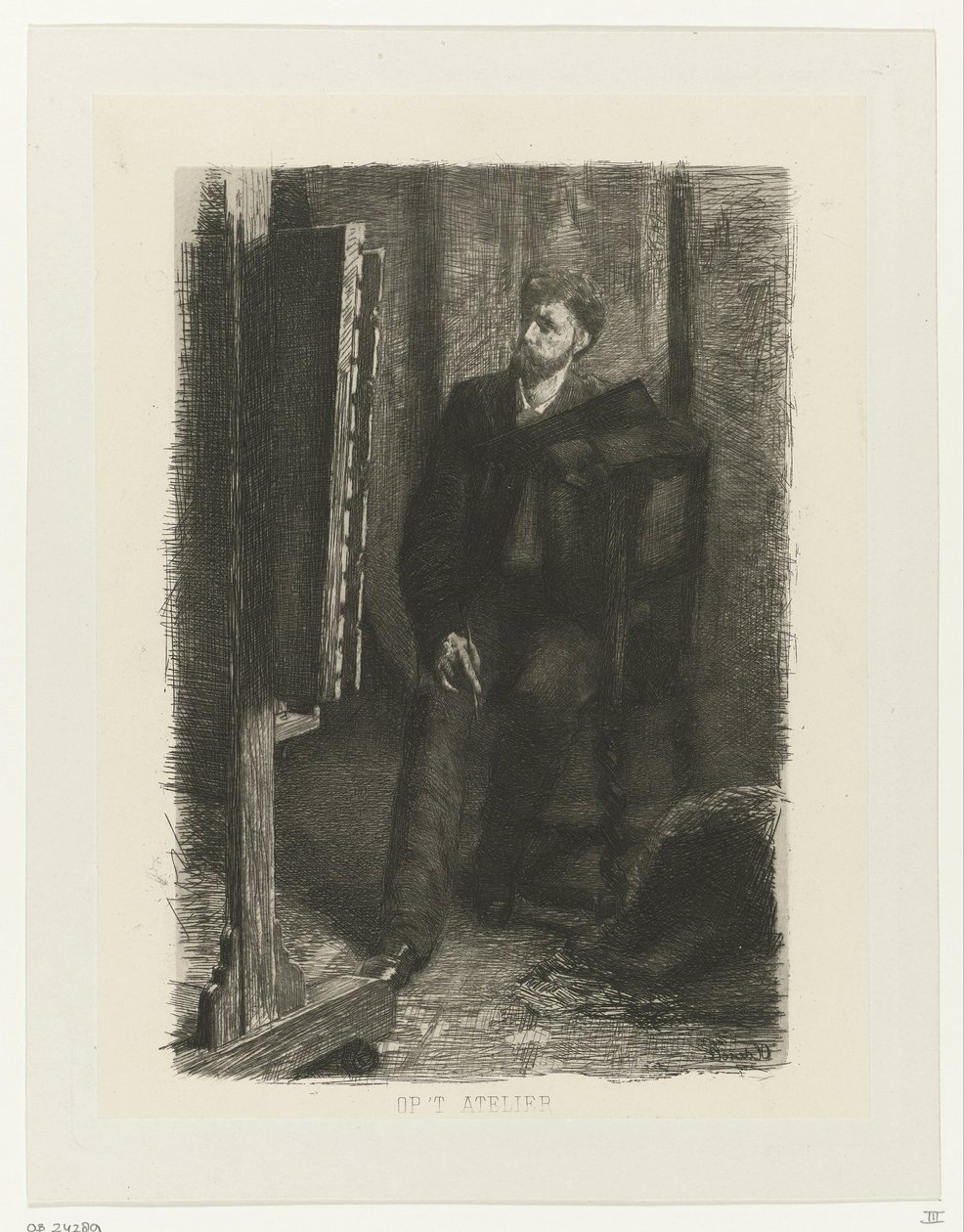 Retrato de un artista de pie detrás del caballete En el estudio (título sobre el objeto) de Ferdinand Oldewelt