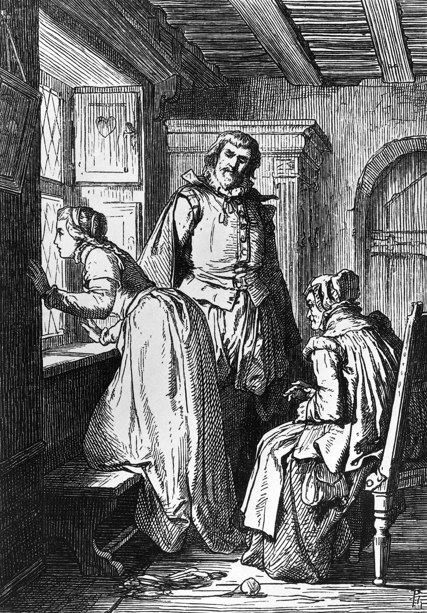 Klaerchen esperando a Egmont, ilustración para Egmont, tragedia de Johann Wolfgang von Goethe (1749-1832), xilografía según dibujo de Ferdinand Rothbart (1823-1899). de Ferdinand Rothbart
