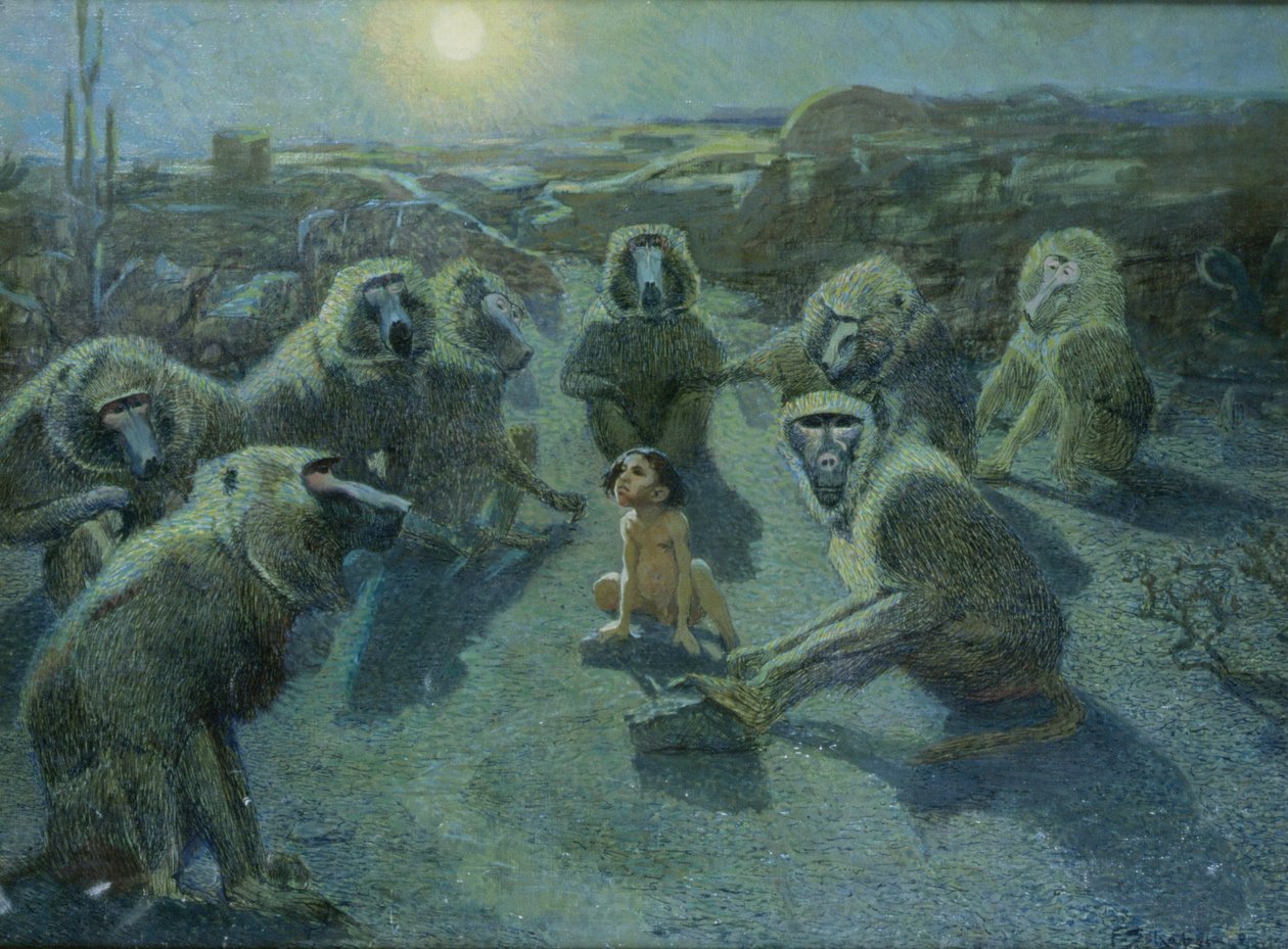 Mowgli capturado por los monos (óleo y tinta sobre lienzo) de Ferdinand Schebek