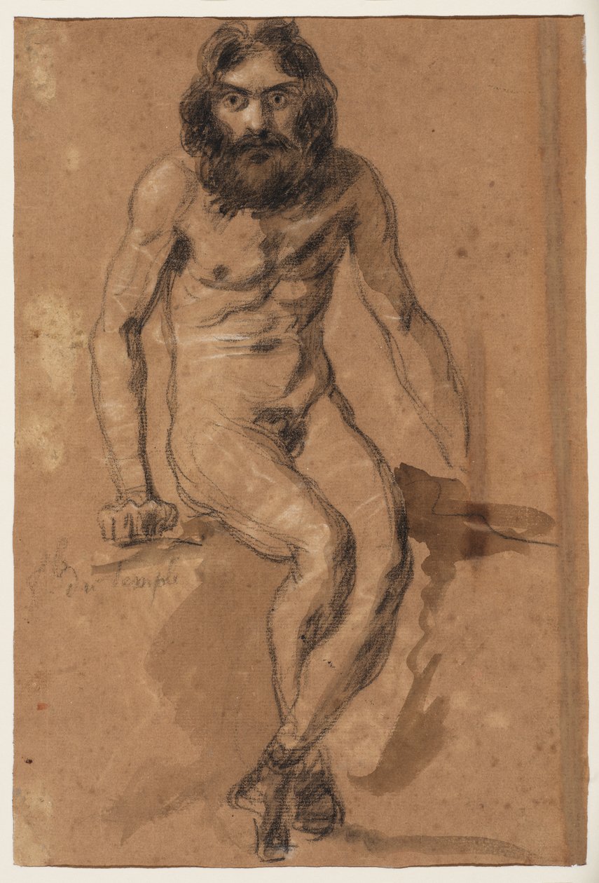 Caballos corriendo (anverso); Hombre desnudo con barba, sentado (reverso), c.1800-1899 (tiza blanca y negra (anverso), tiza blanca y negra y aguada marrón (reverso), sobre papel verjurado preparado de color marrón). de Ferdinand Victor Eugene (after) Delacroix